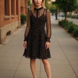 Unique Vintage 1X/16 Black Multi Polka Dot Sheer Long Sleeve Party Dress